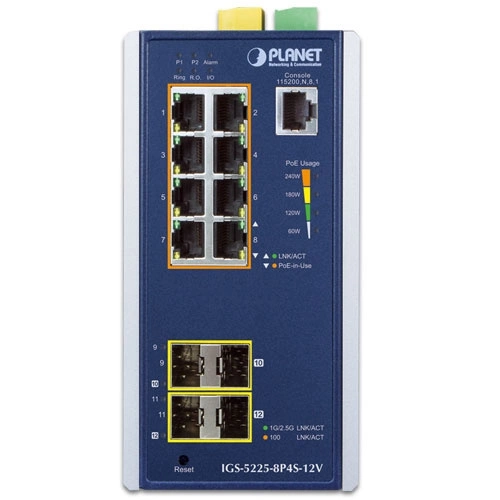 Schakelaar Planet IGS-5225-8P4S-12V 8x 1Gb 4x SFP 240 W PoE+